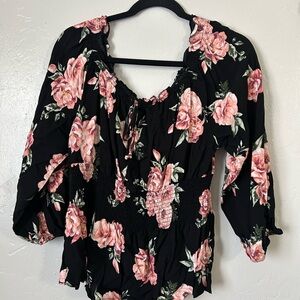 No Boundaries Black Top with Pink Floral Design